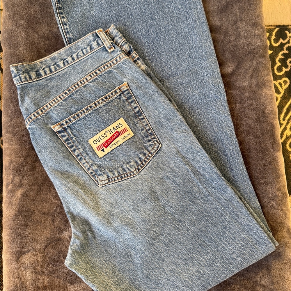 Vintage Women’s GUESS Light Blue Denim Flare Jeans with Logo Pocket Patch Size31